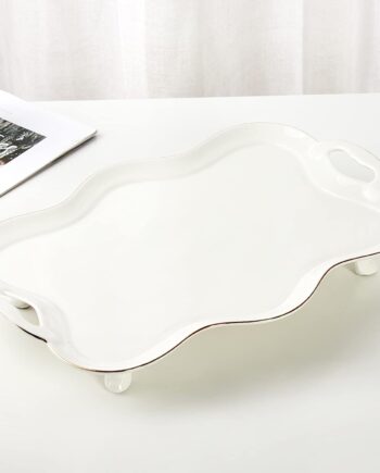 Porcelain Tea Tray with Handles and Gold Rim