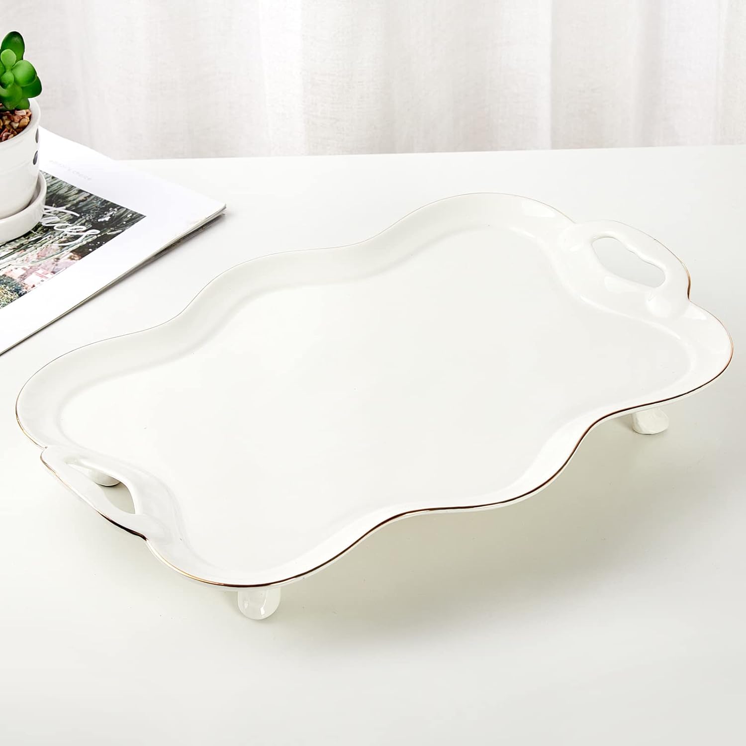 Porcelain Tea Tray with Handles and Gold Rim