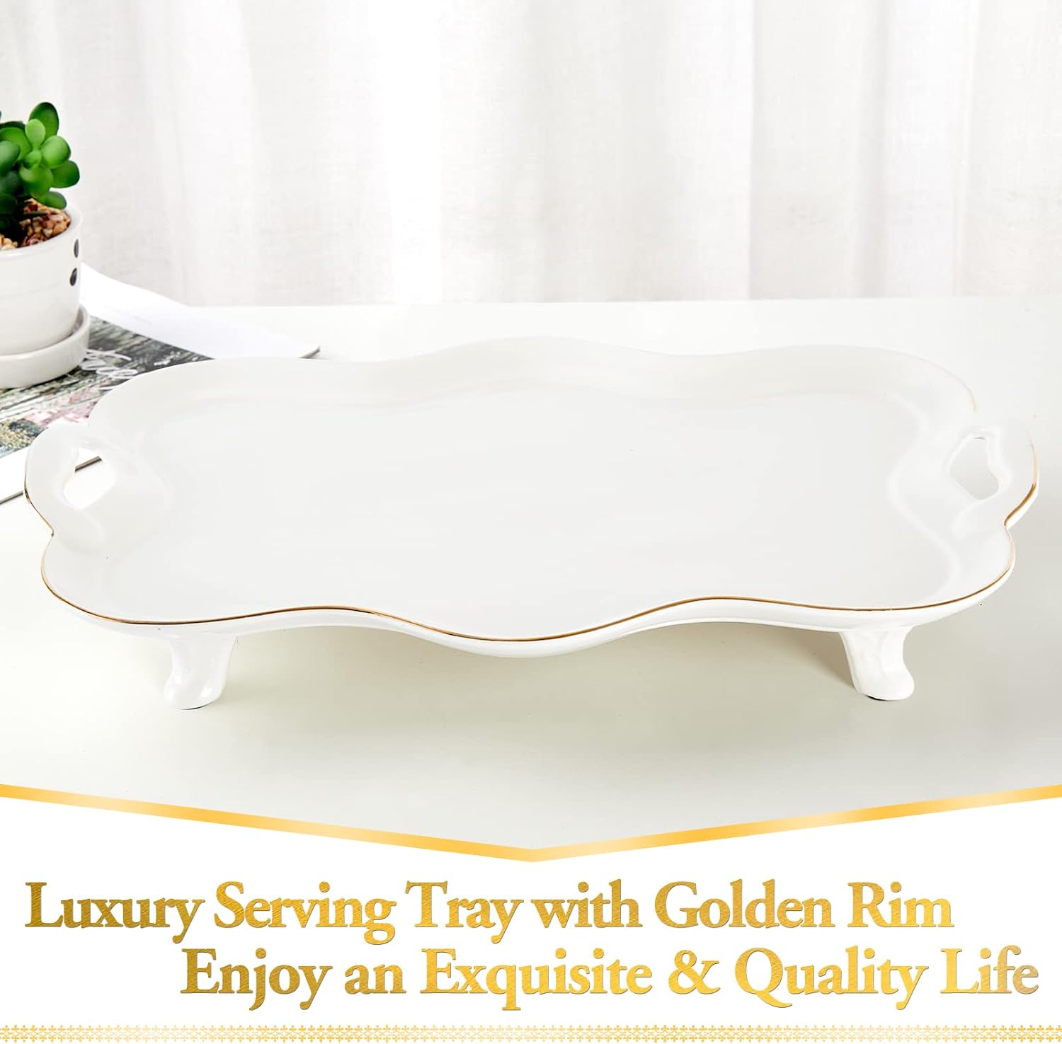 Porcelain Tea Tray with Handles and Gold Rim