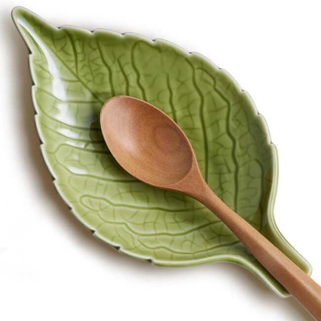 Green Leaf-Shaped Ceramic Spoon Rest