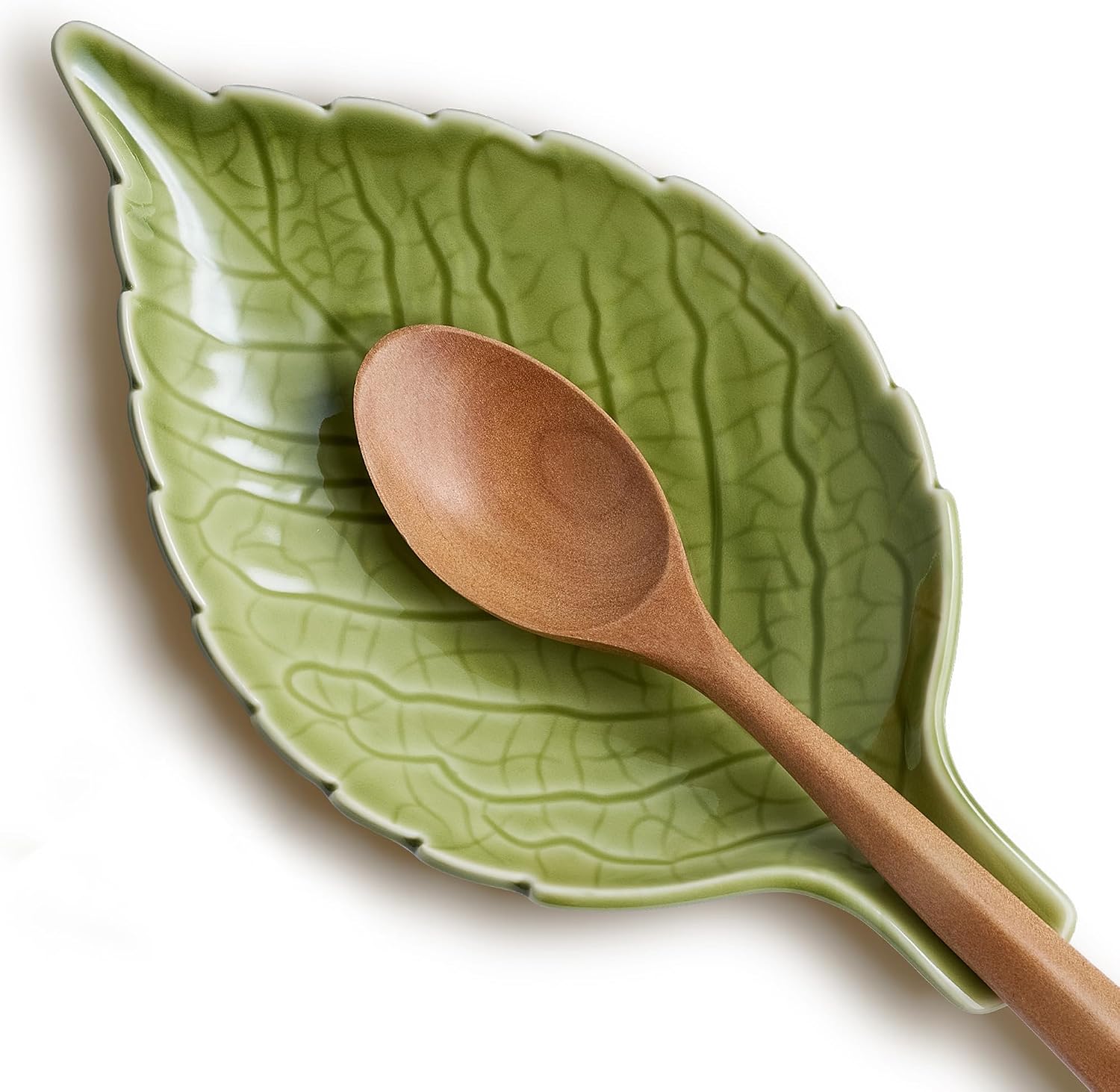 Green Leaf-Shaped Ceramic Spoon Rest