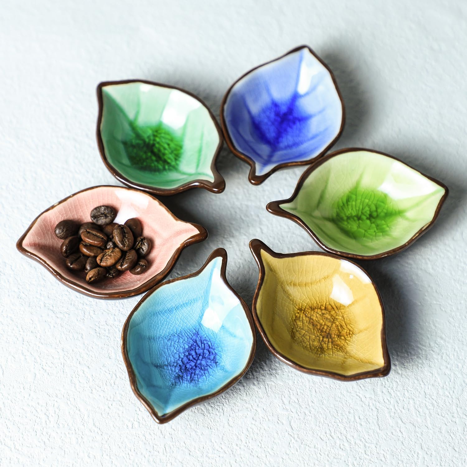 Colourful Leaf Porcelain Side Dishes, Set of 6