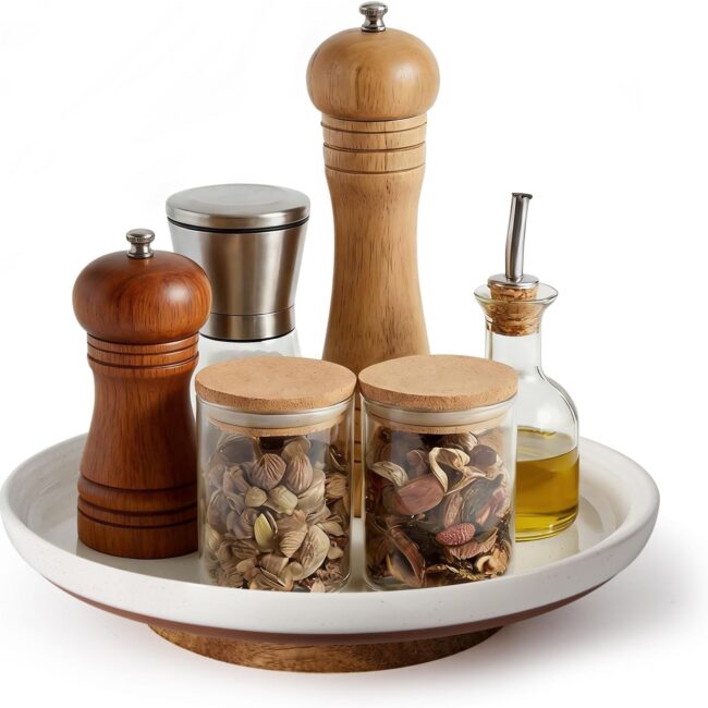 Ceramic Lazy Susan Turntable with Wood Base