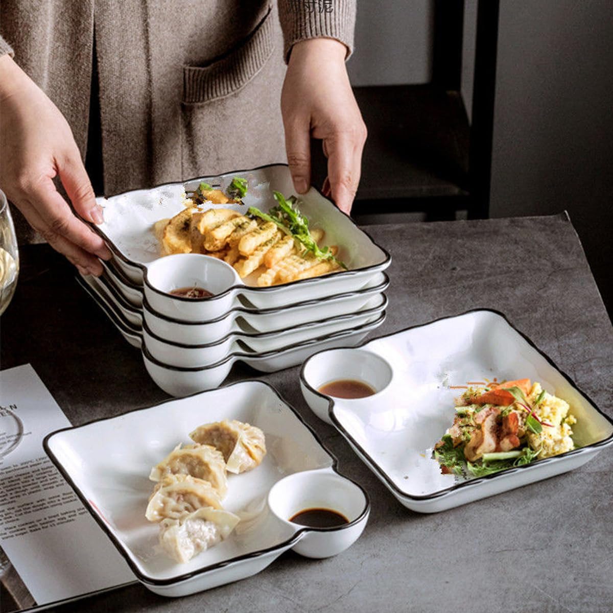 White Ceramic Divided Platter with Sauce Compartment