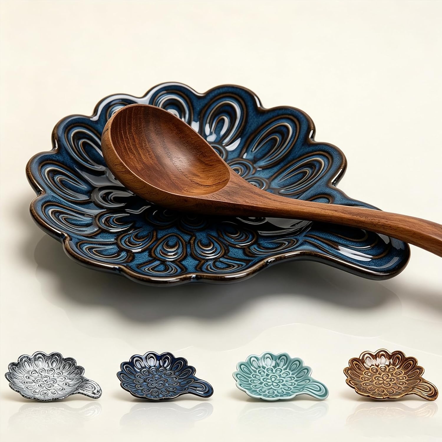 Blue Floral Ceramic Spoon Rest, Heat-Resistant