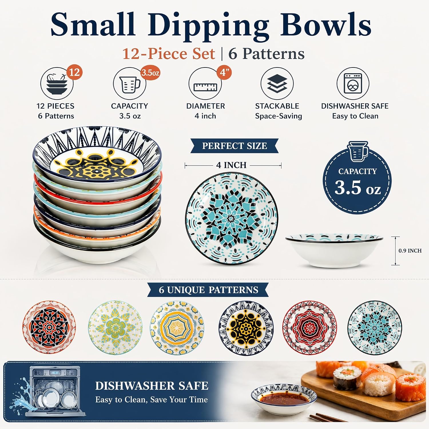Small Ceramic Soy Sauce Bowls, Pack of 12