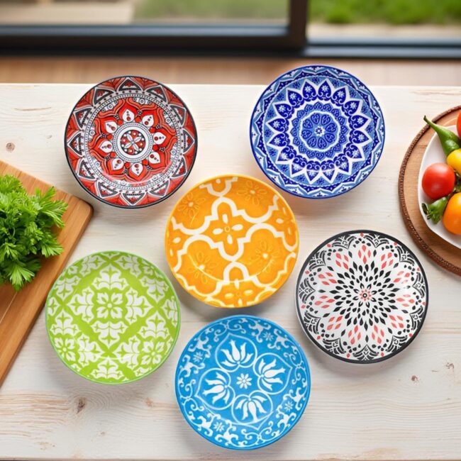 Multicolour Porcelain Soy Sauce Bowls, Set of 6