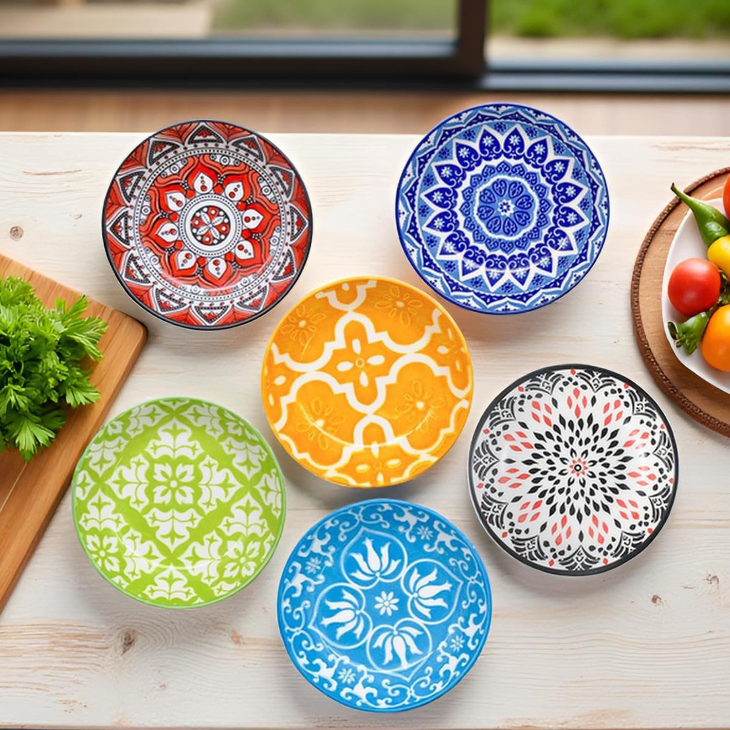 Multicolour Porcelain Soy Sauce Bowls, Set of 6