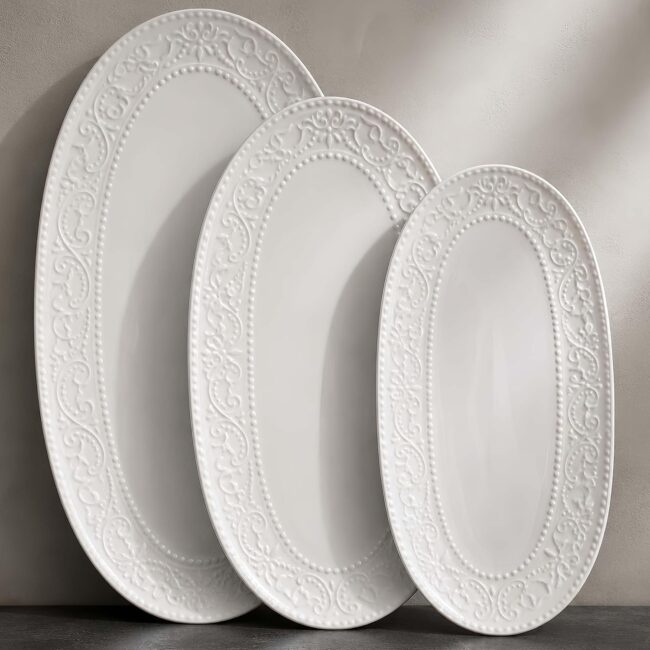 Oval Embossed Porcelain Serving Platters, Set of 3