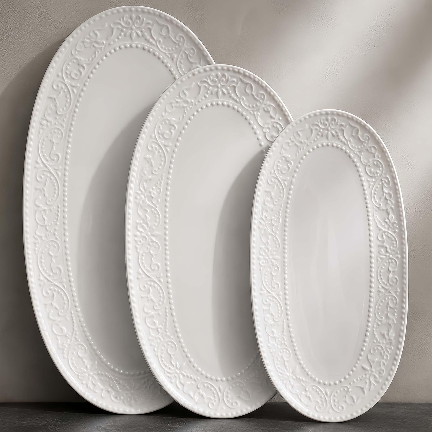Oval Embossed Porcelain Serving Platters, Set of 3