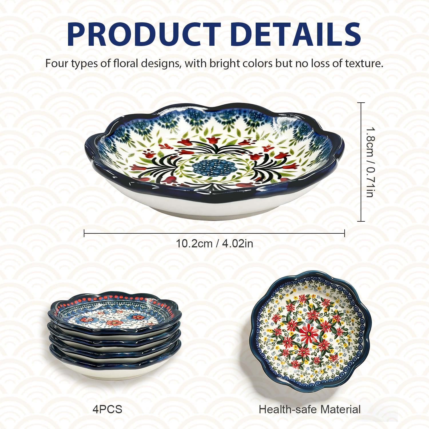 Vintage Floral Ceramic Dipping Bowls, Set of 4