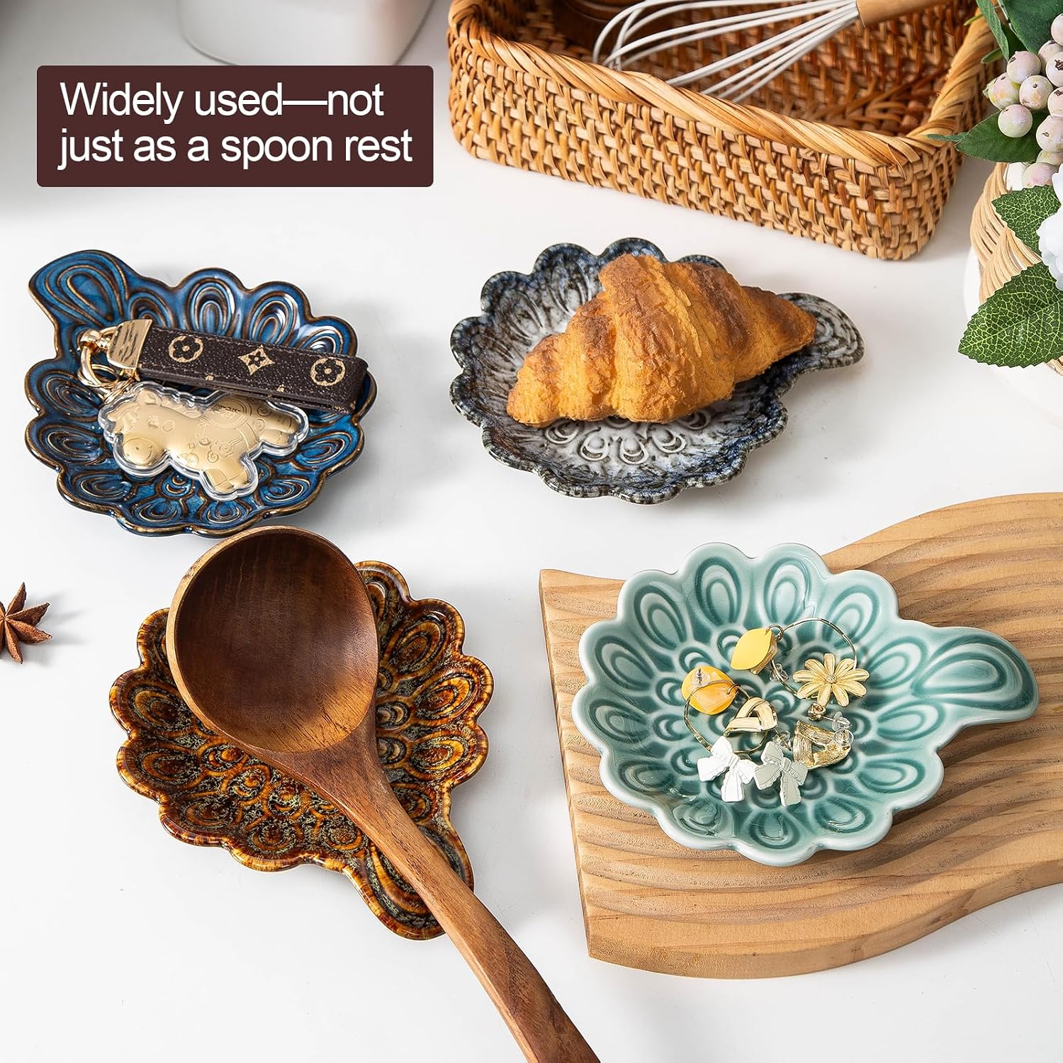 Blue Floral Ceramic Spoon Rest, Heat-Resistant