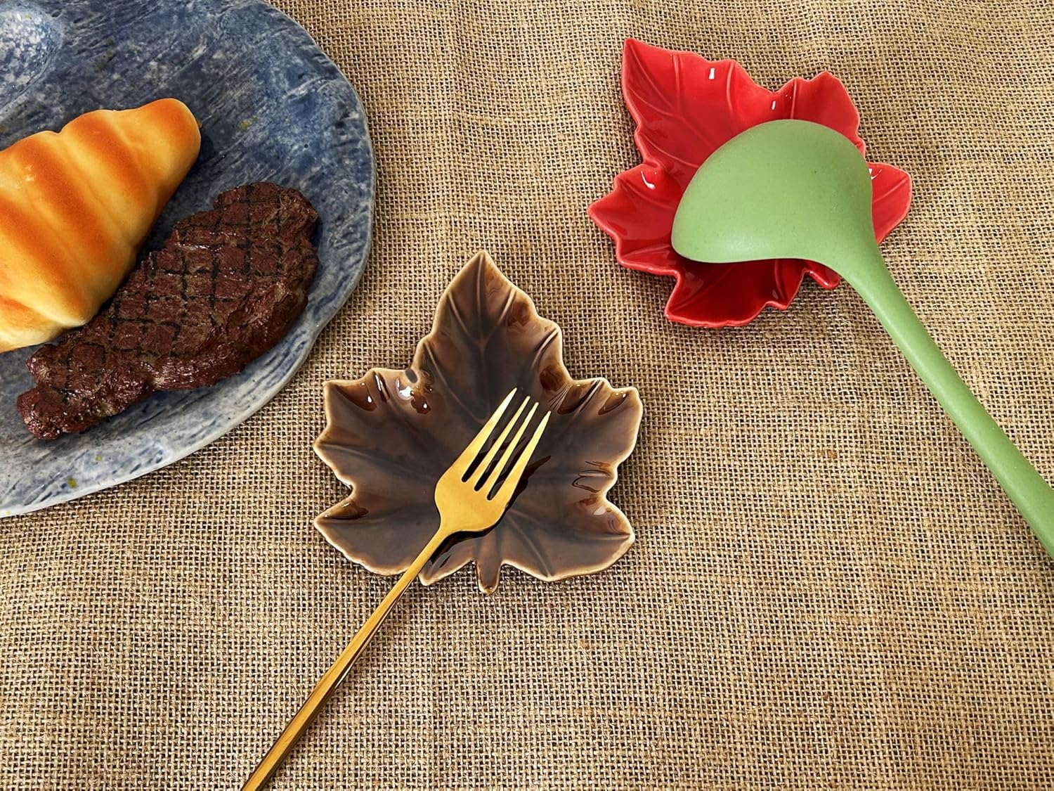 Rustic Brown Leaf-Shaped Ceramic Spoon Rest